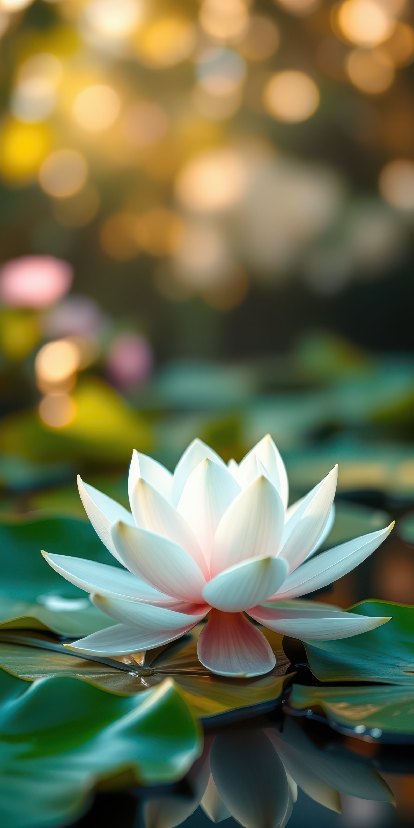 White lotus blooms gracefully on calm water surrounded by soft green foliage during a serene afternoon